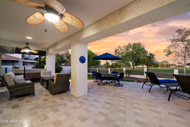 3665 S Jojoba Way, Chandler, AZ 85248 - view of patio with a ceiling fan, fence, outdoor lounge area, and outdoor dining area