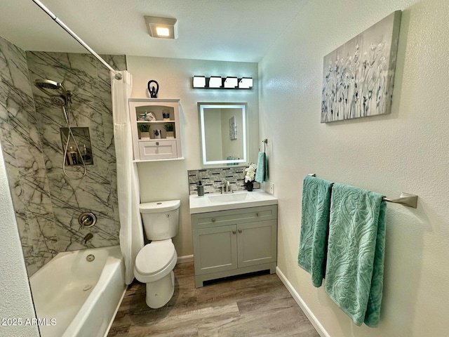 full bathroom with shower / bathtub combination with curtain, vanity, wood-type flooring, decorative backsplash, and toilet