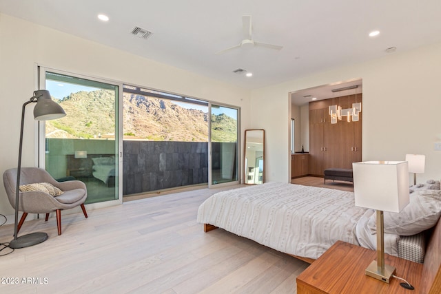 bedroom with ceiling fan, access to outside, and light wood-type flooring