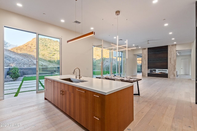 kitchen featuring hanging light fixtures, an island with sink, a notable chandelier, a healthy amount of sunlight, and light hardwood / wood-style flooring