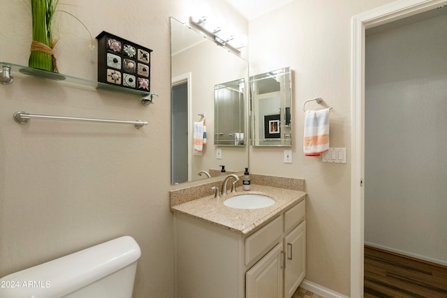 bathroom featuring vanity, toilet, and wood-type flooring