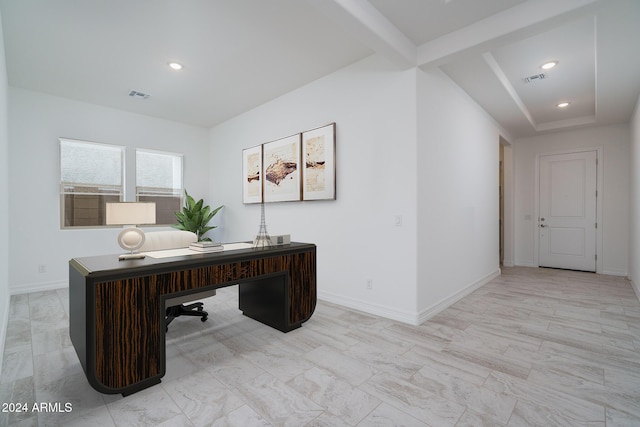 office space with beamed ceiling