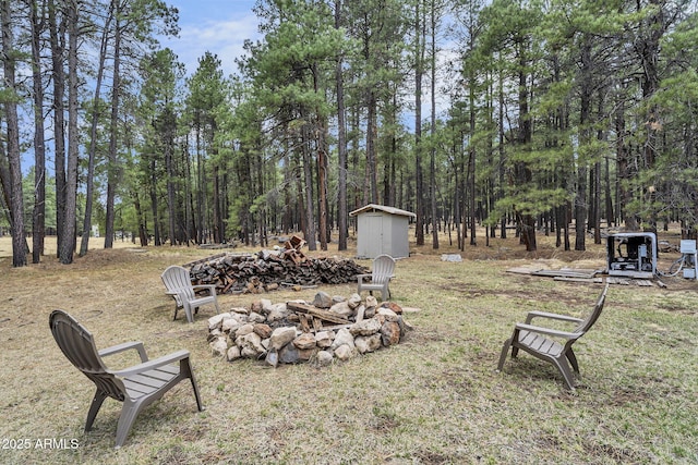 view of yard featuring an outdoor fire pit, a storage shed, and an outdoor structure