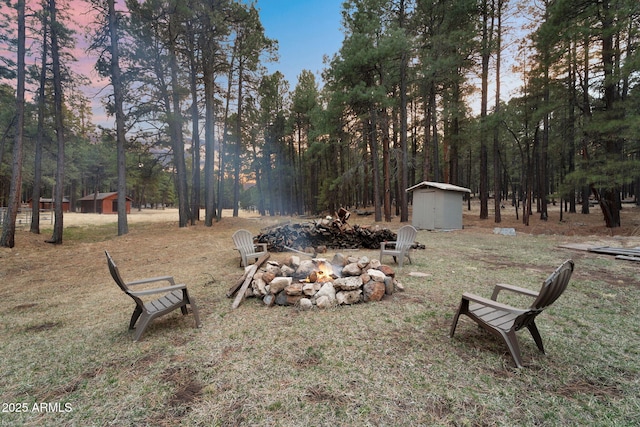view of yard featuring a storage shed, an outbuilding, and an outdoor fire pit