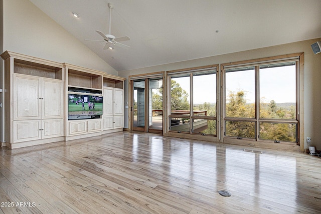 unfurnished living room featuring ceiling fan, high vaulted ceiling, and light hardwood / wood-style floors