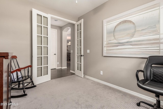 1078 W Redwood Ave, Queen Creek, AZ 85140 - home office with arched walkways, carpet flooring, baseboards, and french doors