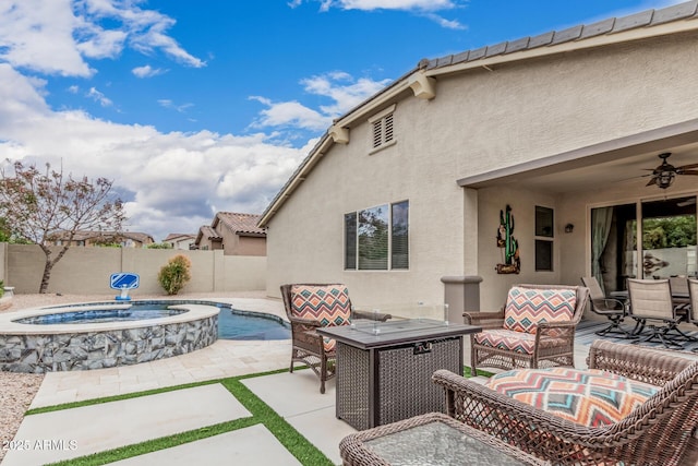 1078 W Redwood Ave, Queen Creek, AZ 85140 - view of patio / terrace featuring a fenced backyard, a fenced in pool, outdoor dining area, and a ceiling fan