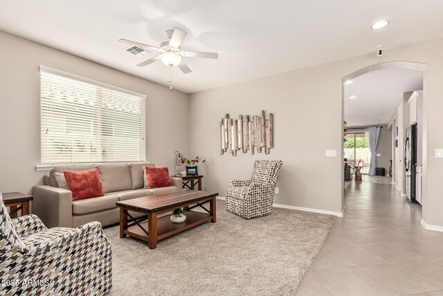 1078 W Redwood Ave, Queen Creek, AZ 85140 - living area featuring recessed lighting, baseboards, arched walkways, ceiling fan, and visible vents