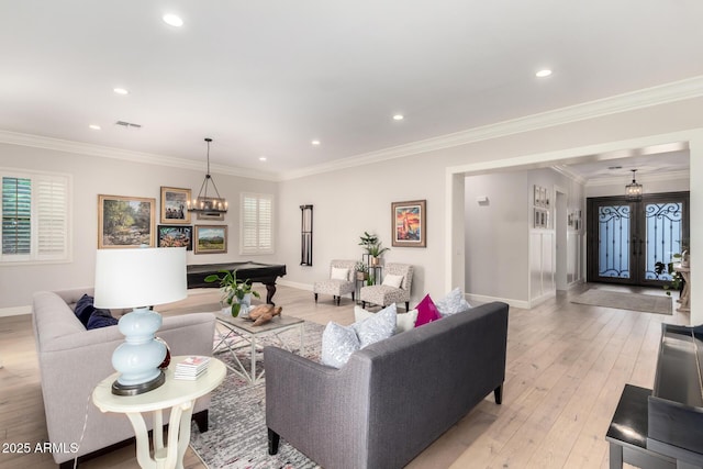 living room with french doors, billiards table, light wood-style flooring, baseboards, and recessed lighting