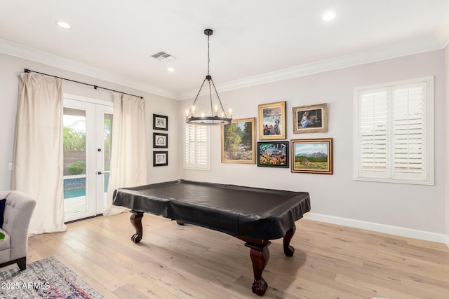 game room with light wood finished floors, crown molding, billiards table, baseboards, and recessed lighting