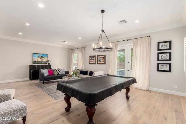 playroom with crown molding, healthy amount of natural light, french doors, baseboards, and recessed lighting