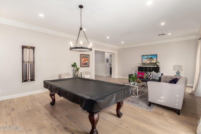 game room featuring recessed lighting, pool table, baseboards, ornamental molding, and light wood-style flooring