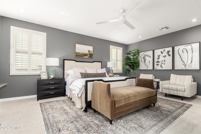 bedroom featuring carpet flooring, baseboards, ceiling fan, and recessed lighting