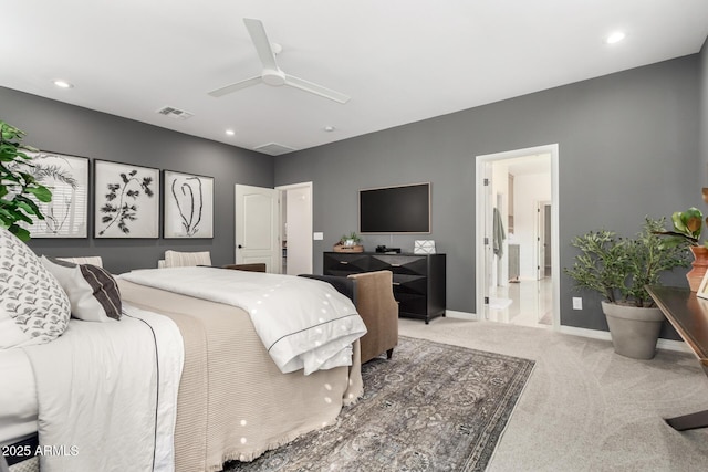 bedroom with carpet floors, recessed lighting, baseboards, and ceiling fan