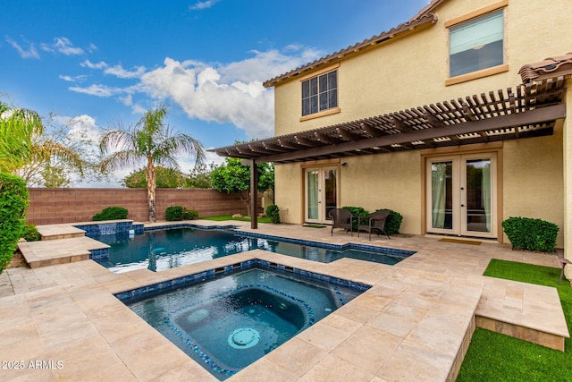 rear view of house with french doors, an in-ground hot tub, stucco siding, a pergola, and a fenced backyard