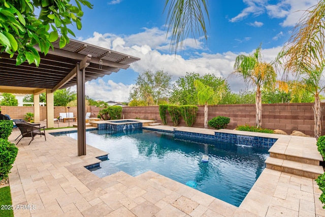 view of swimming pool with a fenced backyard, a patio, and a pool with connected hot tub