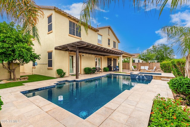 view of pool with a fenced backyard, a patio, a pergola, and a pool with connected hot tub