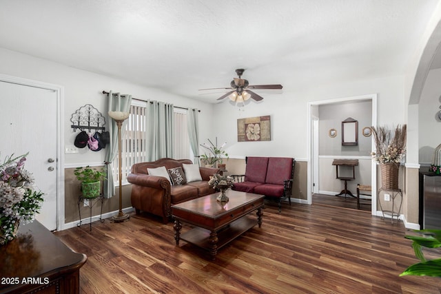 2419 E Billings St, Mesa, AZ 85213 - living area with wood finished floors, a ceiling fan, and baseboards