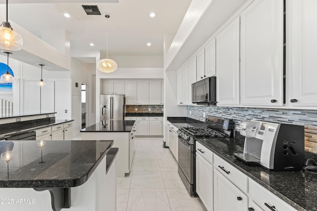 10417 N 180th Dr, Waddell, AZ 85355 - kitchen featuring pendant lighting, marble finish floor, white cabinetry, a kitchen island, and black appliances