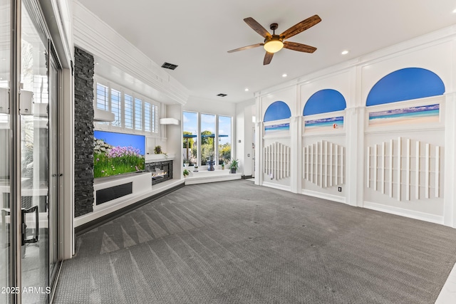 10417 N 180th Dr, Waddell, AZ 85355 - unfurnished sunroom with a ceiling fan, a glass covered fireplace, and visible vents