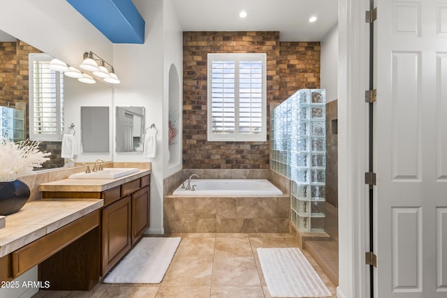 10417 N 180th Dr, Waddell, AZ 85355 - bathroom featuring a garden tub, tile patterned flooring, vanity, a walk in shower, and recessed lighting