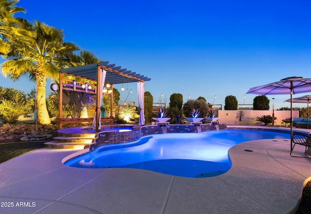 10417 N 180th Dr, Waddell, AZ 85355 - pool at dusk featuring a patio area, a pool with connected hot tub, fence, and a pergola