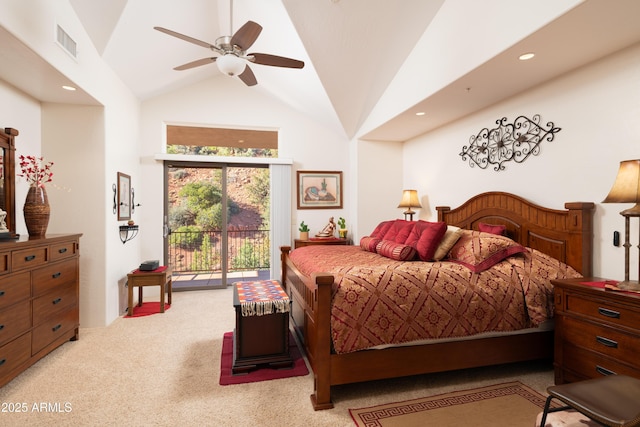 carpeted bedroom with recessed lighting, visible vents, ceiling fan, high vaulted ceiling, and access to outside