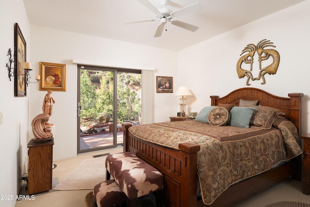 bedroom with a ceiling fan, carpet flooring, visible vents, and access to exterior