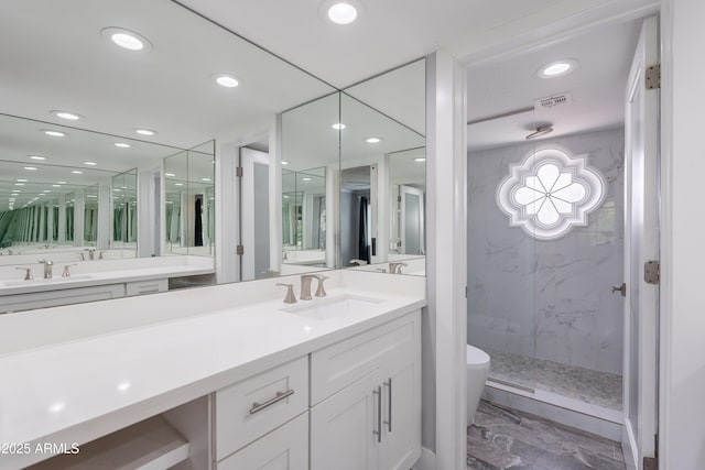 7800 E Lincoln Dr Unit 2029, Scottsdale, AZ 85250 - full bath featuring marble finish floors, recessed lighting, toilet, a marble finish shower, and vanity