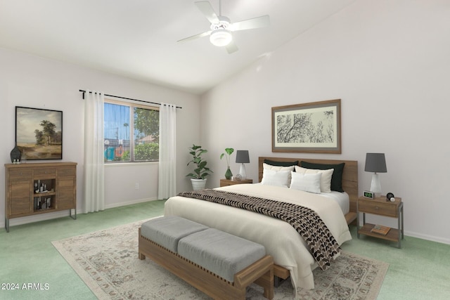 carpeted bedroom with lofted ceiling and ceiling fan