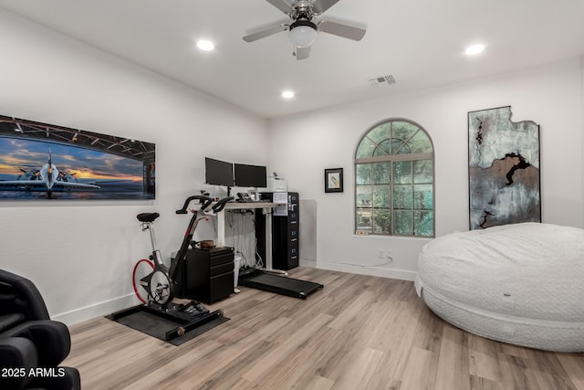 2985 N Point Ridge Rd, Buckeye, AZ 85396 - workout room with wood finished floors, ceiling fan, recessed lighting, and baseboards