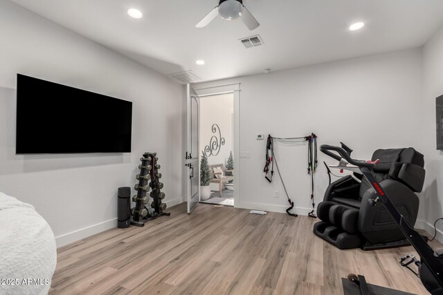 2985 N Point Ridge Rd, Buckeye, AZ 85396 - exercise room with wood finished floors, a ceiling fan, baseboards, and recessed lighting