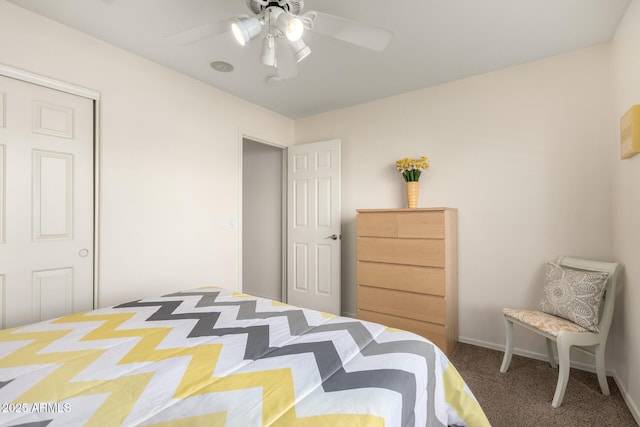 bedroom with carpet, baseboards, a closet, and ceiling fan