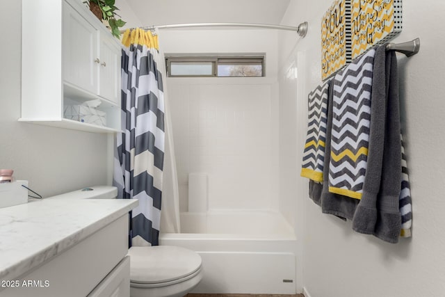 bathroom featuring toilet, vanity, and shower / tub combo with curtain