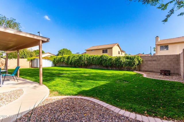 view of yard with a patio area, a fenced backyard, and an outdoor structure