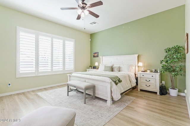 bedroom with light hardwood / wood-style floors and ceiling fan