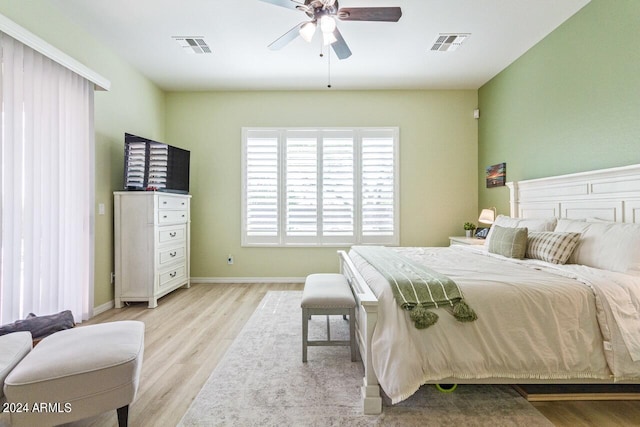 bedroom featuring ceiling fan and light wood-type flooring