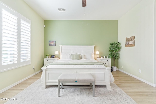 bedroom featuring light wood-type flooring and ceiling fan