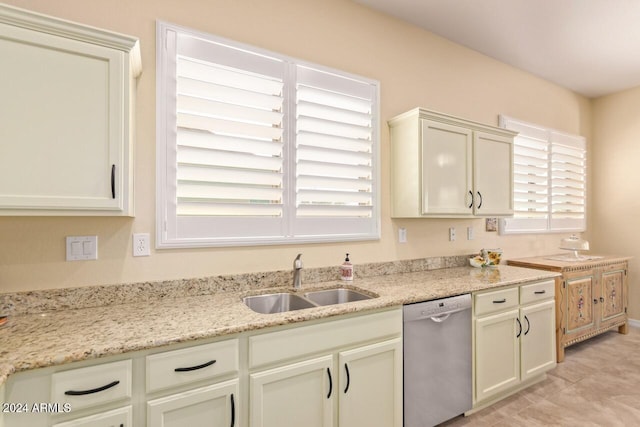 kitchen featuring stainless steel dishwasher, a healthy amount of sunlight, sink, and light stone counters