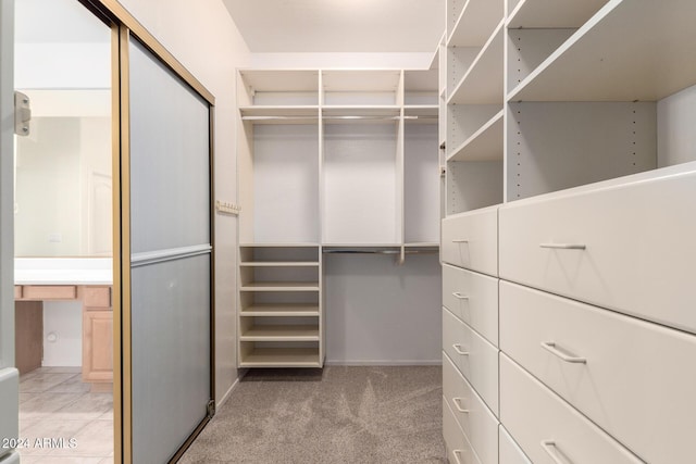 spacious closet featuring light carpet