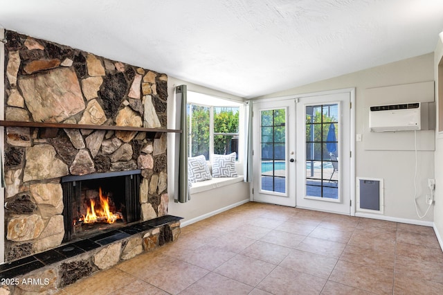 1832 E Concorda Dr, Tempe, AZ 85282 - unfurnished living room featuring french doors, lofted ceiling, a stone fireplace, tile patterned flooring, and baseboards