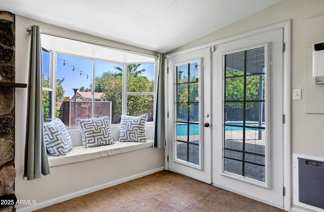 1832 E Concorda Dr, Tempe, AZ 85282 - doorway to outside featuring lofted ceiling, tile patterned flooring, and french doors