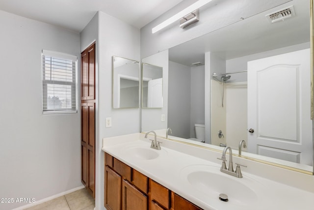 full bathroom featuring a sink, visible vents, toilet, and tile patterned flooring