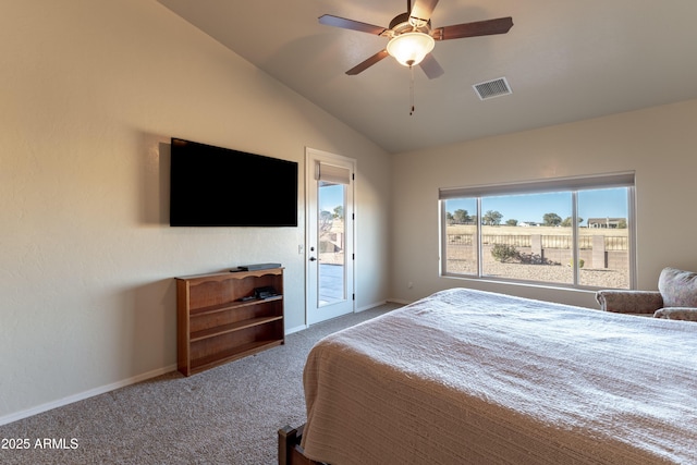 carpeted bedroom with visible vents, baseboards, ceiling fan, access to outside, and lofted ceiling