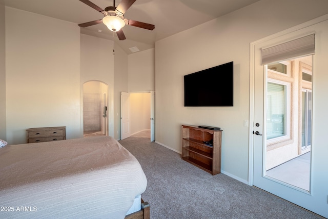 carpeted bedroom featuring arched walkways, high vaulted ceiling, baseboards, and ceiling fan