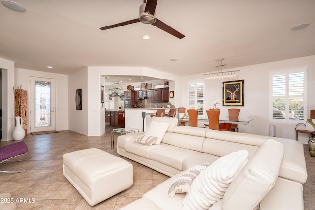 living room with ceiling fan