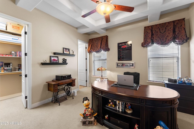 carpeted office featuring beam ceiling, ceiling fan, and coffered ceiling