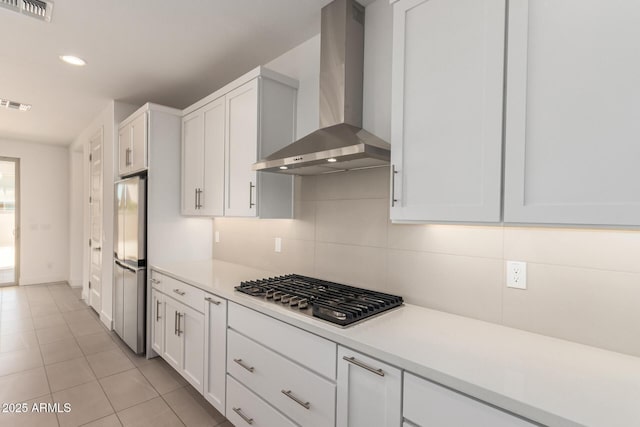 19434 S 212th Pl, Queen Creek, AZ 85142 - kitchen featuring wall chimney exhaust hood, appliances with stainless steel finishes, white cabinets, light countertops, and recessed lighting
