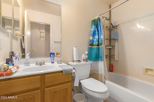 full bathroom with toilet, vanity, and shower / bathtub combination with curtain