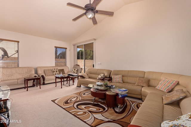 living room with vaulted ceiling, light carpet, and ceiling fan